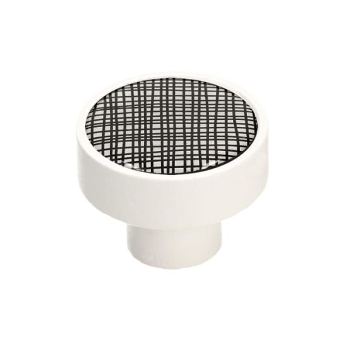 Gałka meblowa drewniana  biały mat GD08, KRATKA  czarna V17 