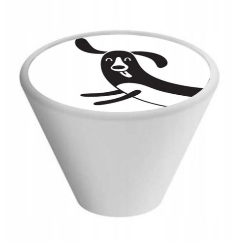 Gałka meblowa Dziecięca Drewniana, Stożkowa, Biała GD09, Pies Jamnik V103  