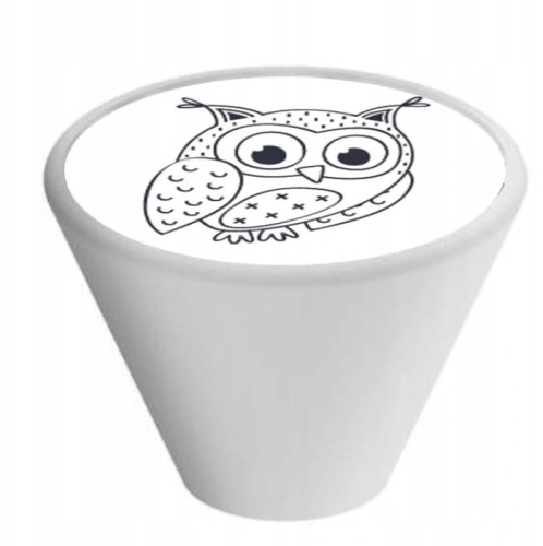 Gałka meblowa Dziecięca Drewniana, Stożkowa, Biała GD09, Sowa V108
